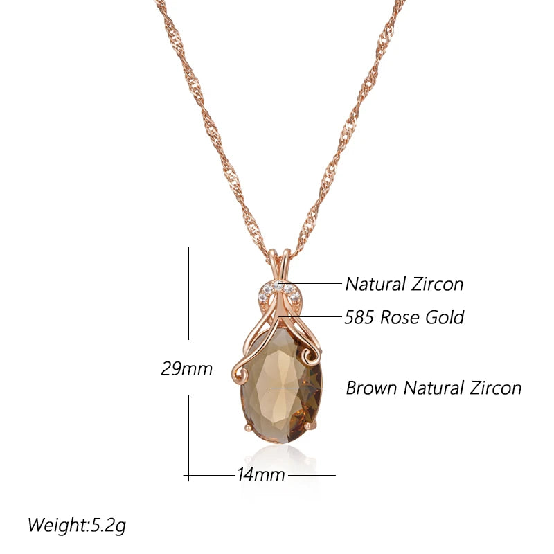 Women's 585 Rose Gold Colour Oval Light Brown Natural Zircon Pendant Necklace