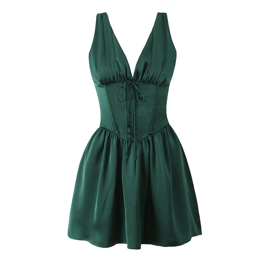 Dark Green Satin Princess Tank Dress - V-Neck Sleeveless A-Line Mini Dress