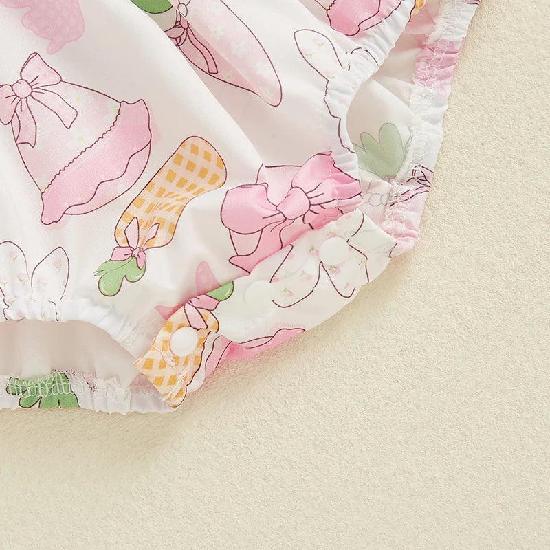 Baby Girls Easter Rabbit Romper - Doll Collar Short Sleeve Bodysuit (0-18M)