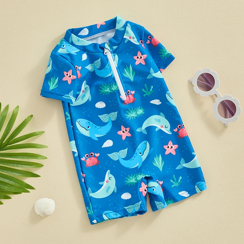 Baby Boys Beachwear 0-3Y Short Sleeve Turtle Dolphin Print Swimsuit Jumpsuit Summer Swimwear