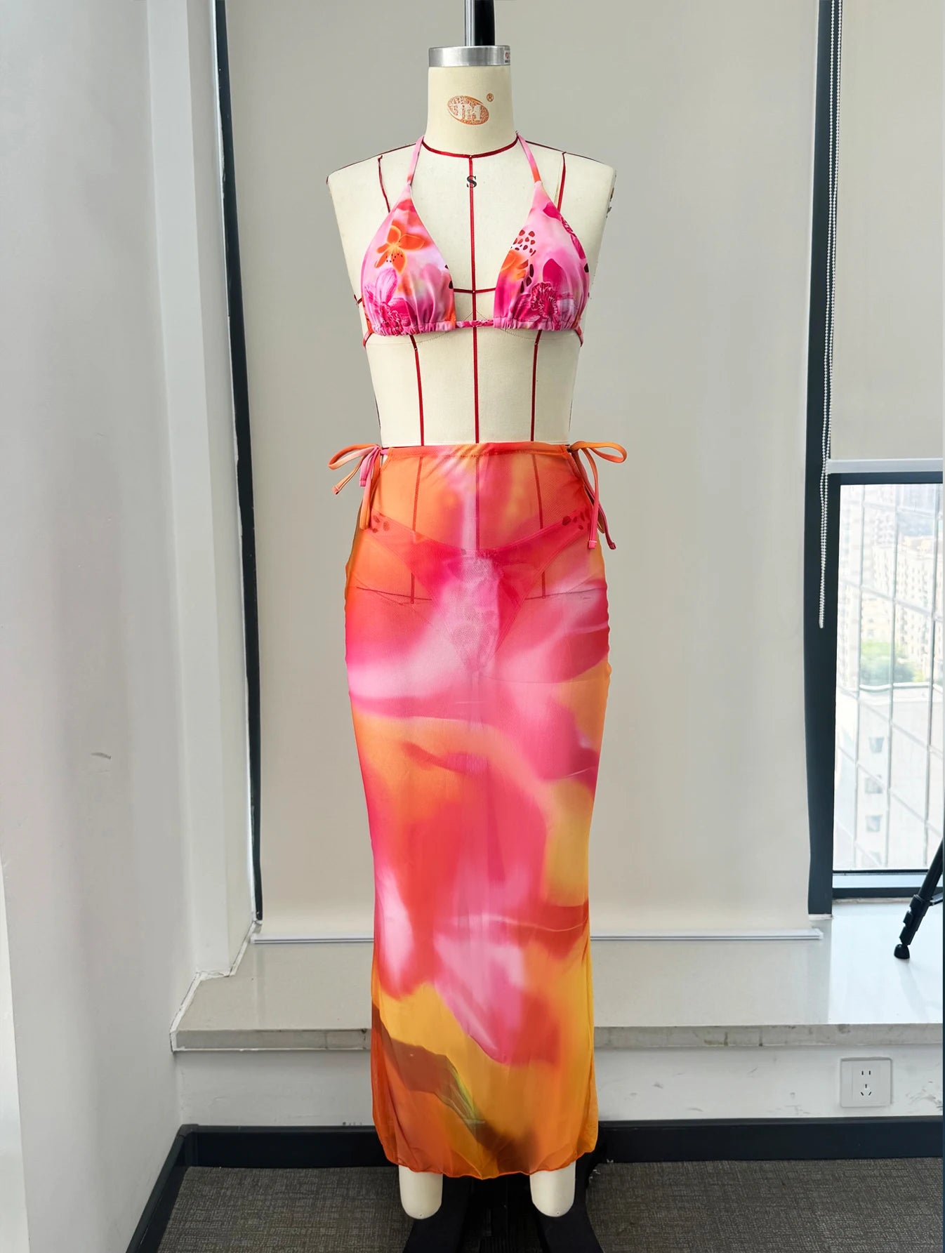 3-Piece Print Bikini Set with V-Neck Skirt Cover-Up