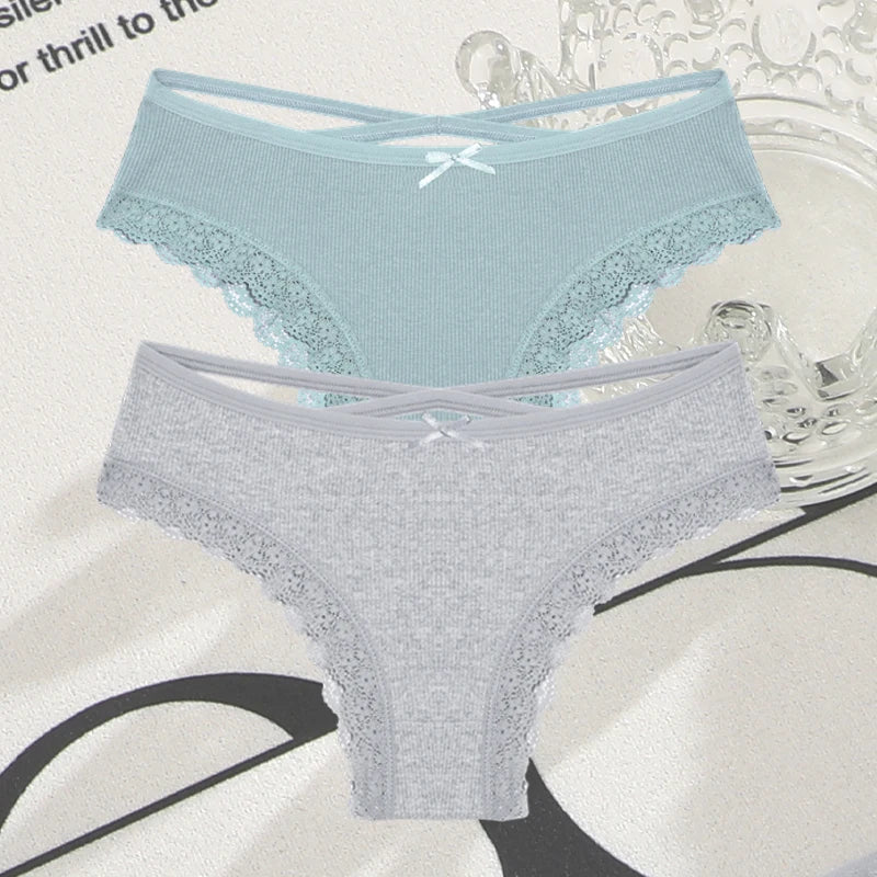 Women's Cotton Panties - 2 Pack Lace Brazilian Briefs Low-Waist