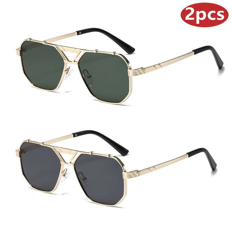 Unisex 1/2pcs Vintage Metal Double Bridges Square Sunglasses UV400