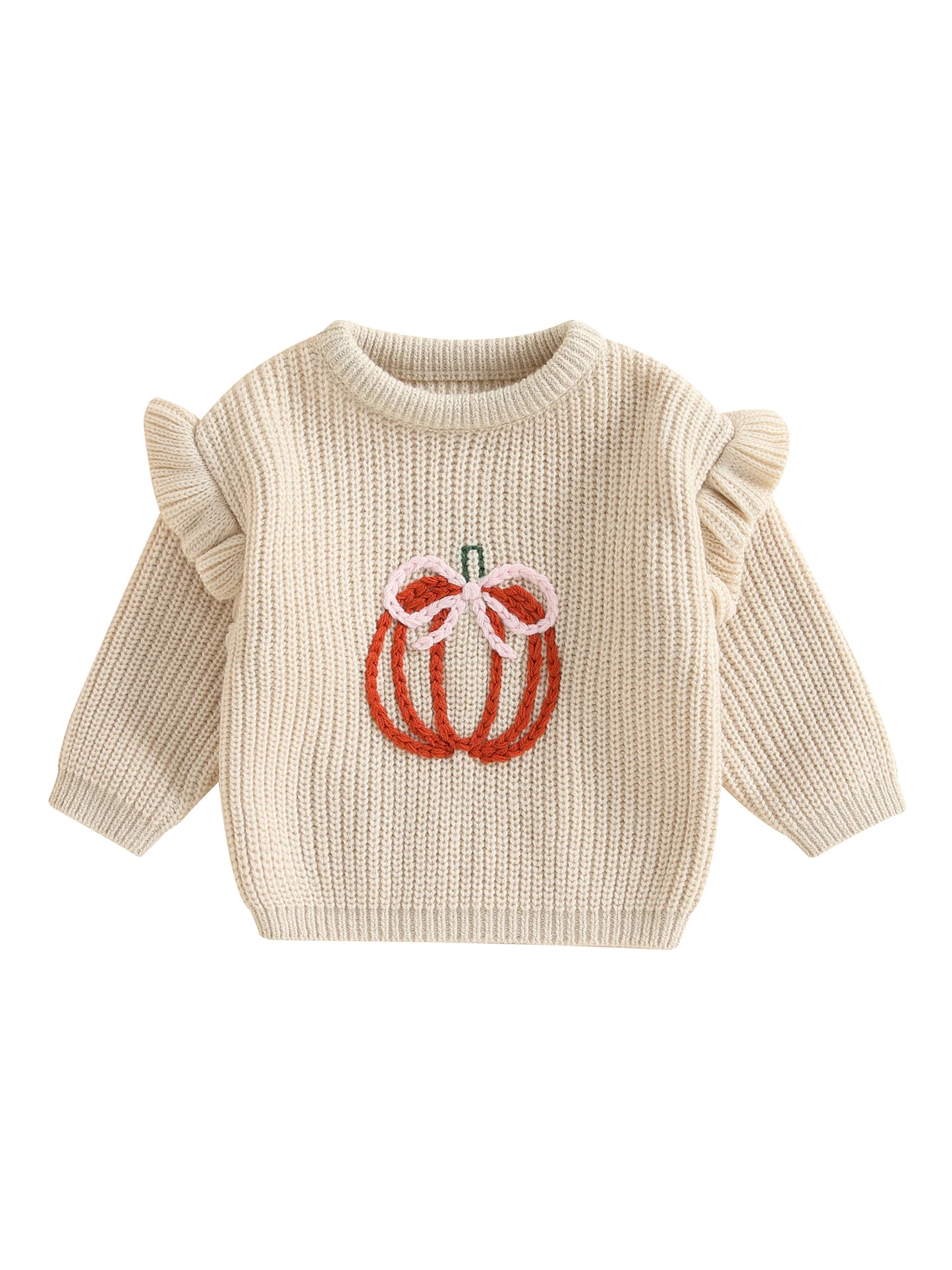 Baby Fall Sweater - Bow Pumpkin Embroidery Round Neck Knit Pullover