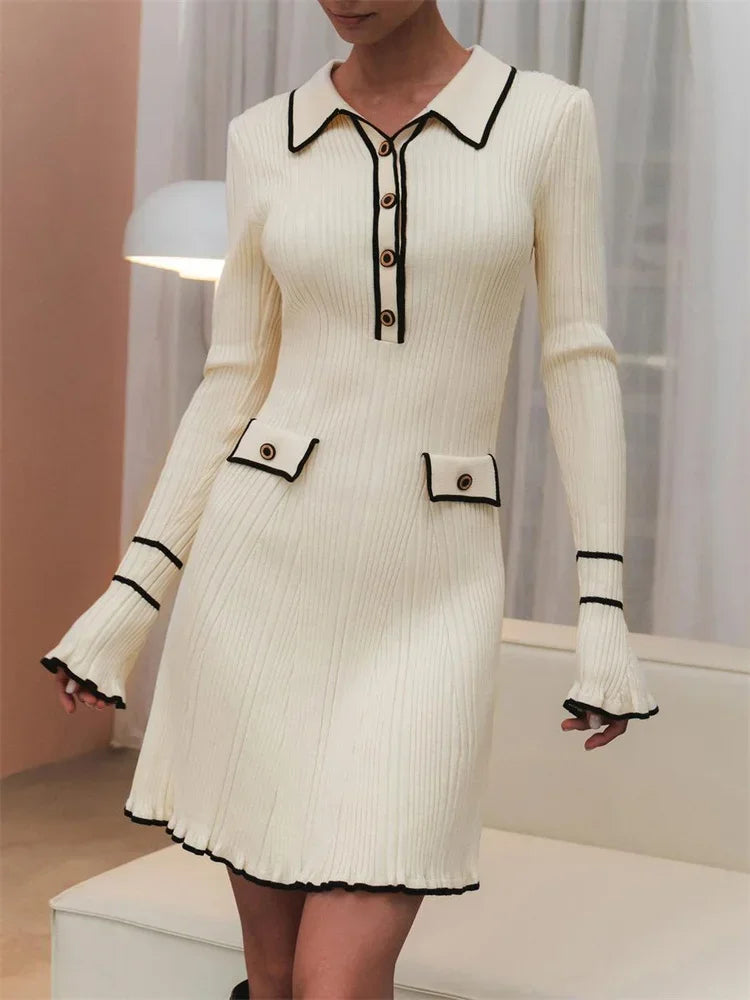 Women's Knitted Ruffled Rib High Waist Long Sleeve Banquet Dress