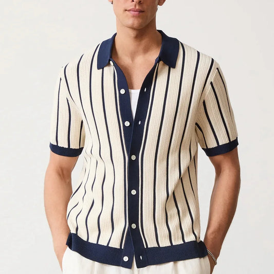 Men's Summer Striped Knit Polo Patchwork Short Sleeve Turn Down Collar Smart Casual Shirt