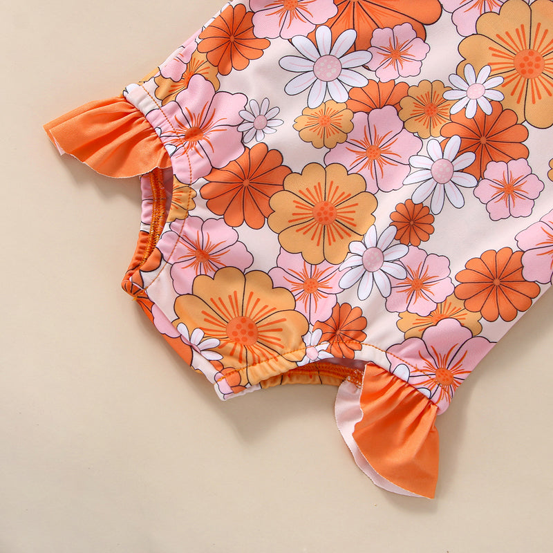 1-5Y Kids Girls Swimsuit 2pcs Floral Print Tie-Up Hollow-Out Long Sleeve Swimsuit with Swim Cap