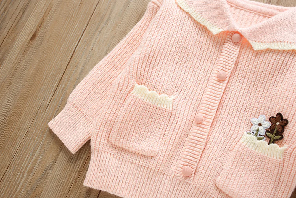 Girl's Clothes Collar Embroidery Flower Knit Cardigan Sweater and Short Skirt Two-piece Set