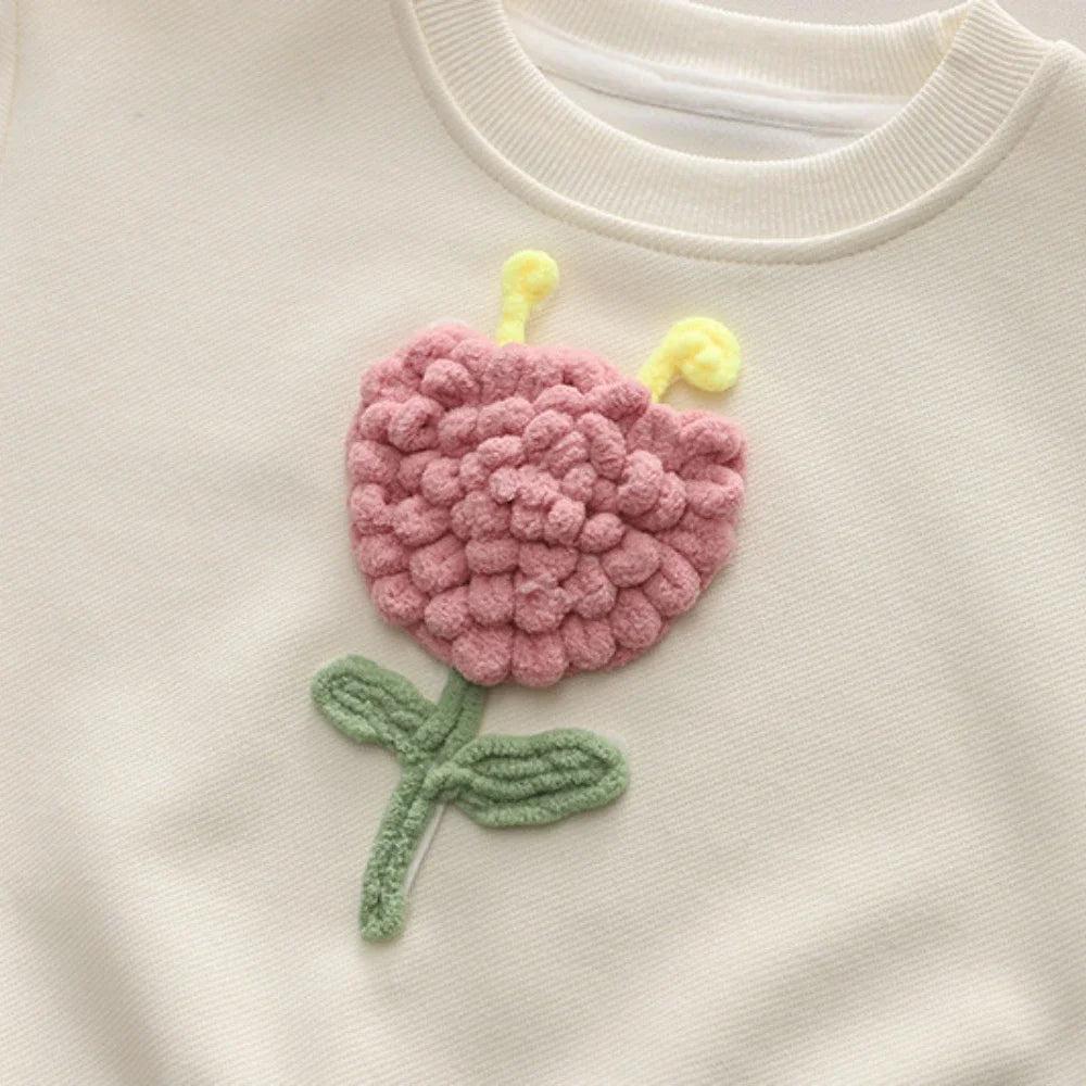 Girl's Clothing Autumn Long Sleeved Round Neck Top and Jeans 2-piece Three-dimensional Flower Spring Outfit Set