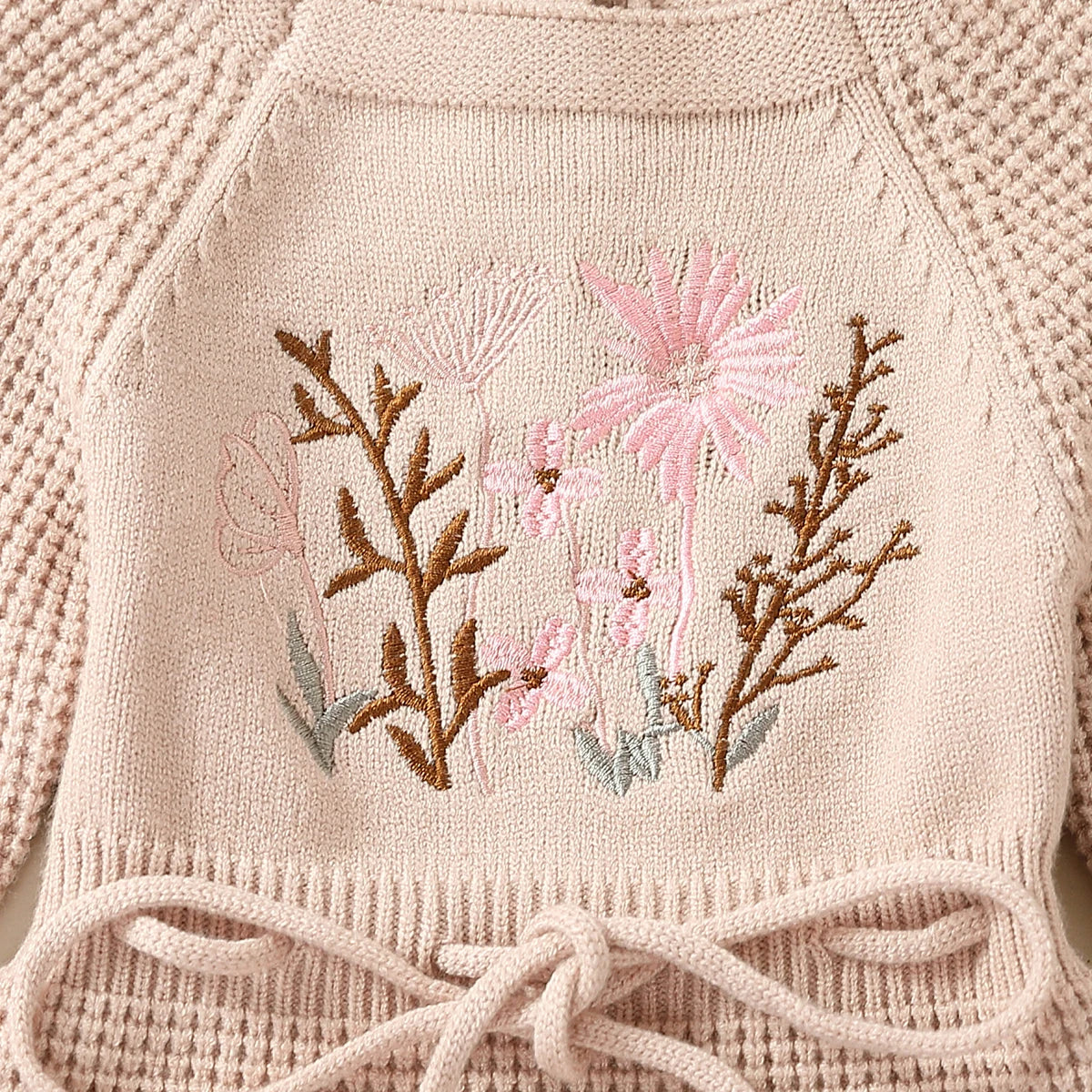 0-24M Baby Girl's Romper Knitted Long Sleeve Flowers Embroidery Elastic Button Jumpsuit