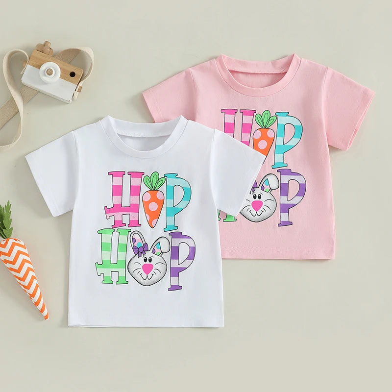 0-6Y Summer Kids Boys Girls Easter T Shirt Rabbit Letter Print Short Sleeve Pullover Top