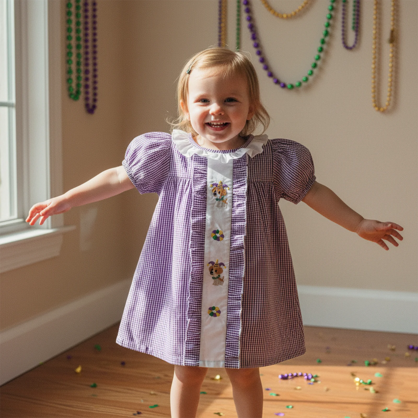 Girls Plaid A-Line Dress - Cartoon Embroidered Ruffle Trim Short Sleeve