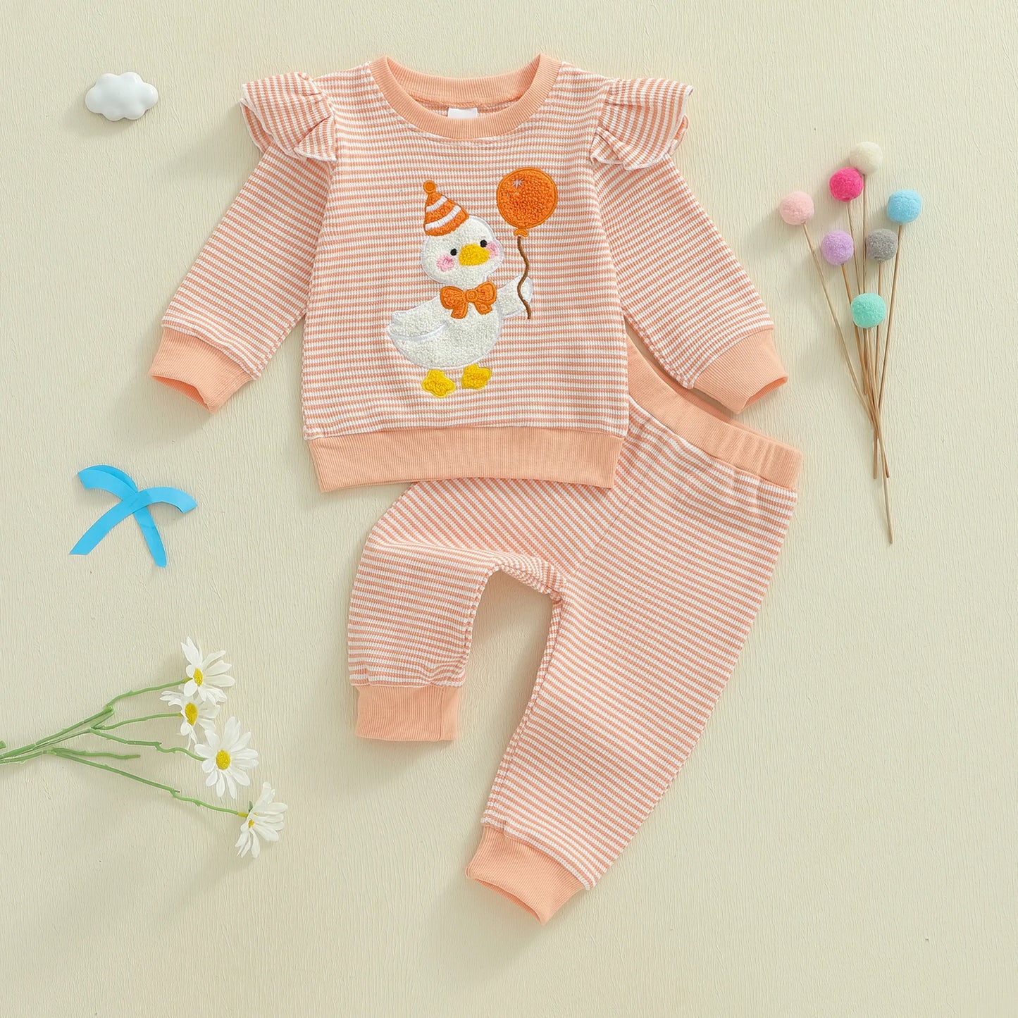 Baby Girls Goose Embroidered Striped Outfit Set (0-4Y)