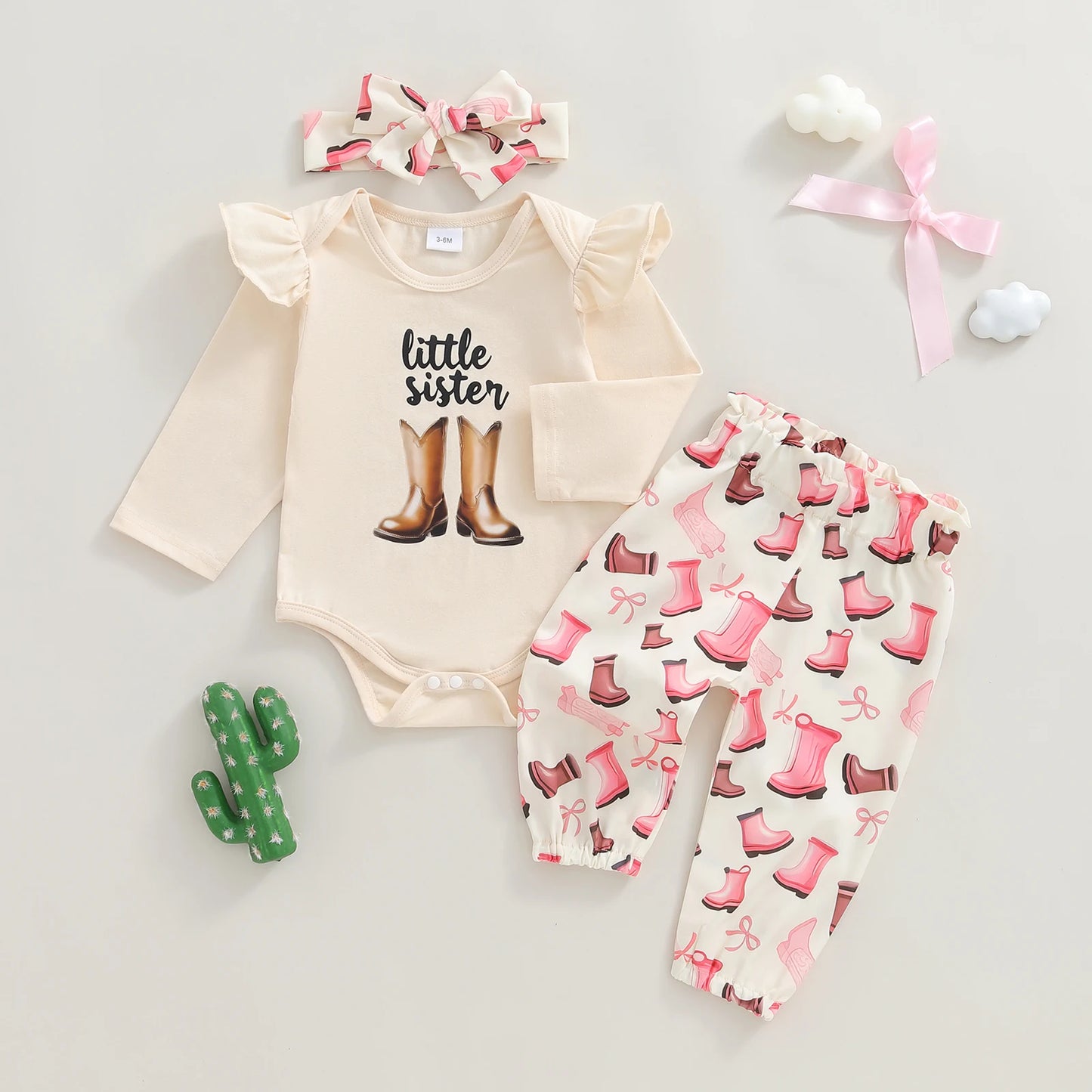 Baby Girls Western Fall Winter Outfit Set - Long Sleeve Romper, Boot Print Pants & Bow Headband (0-18M)