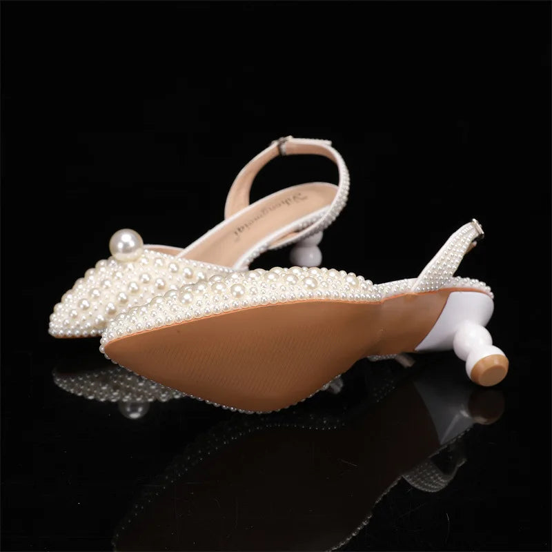 Women's 5cm Round Heel Shaped Heel Pearl Sandals