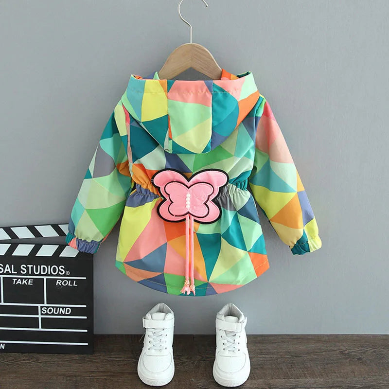 Children's Hooded Geometric Print Butterfly Patch Zipper Pocket Thin Jacket