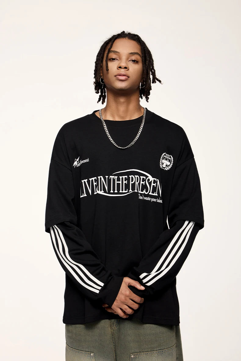 Unisex Retro Double Layer Streetwear Hip Hop Oversized Long Sleeve Sportswear T-Shirt