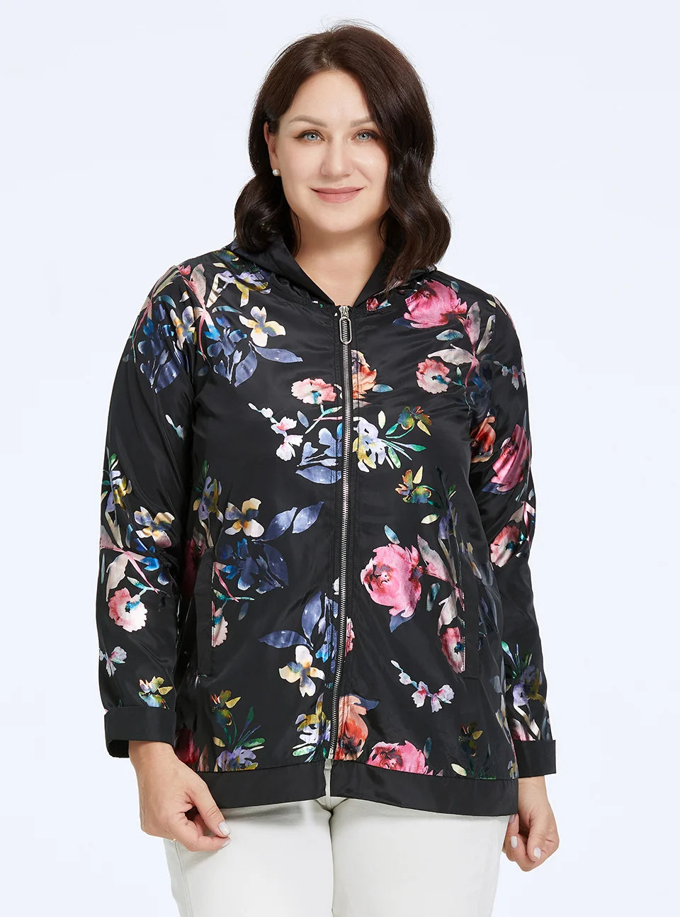 Women's Oversized Hooded Flower Print Zip Windbreaker Jacket
