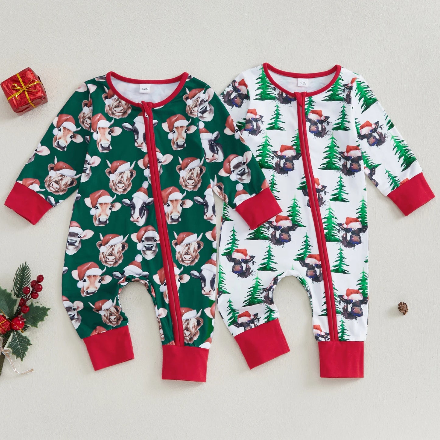 0-12M Baby Girls Boys Christmas Rompers Cow Print Long Sleeve Zipper Jumpsuits