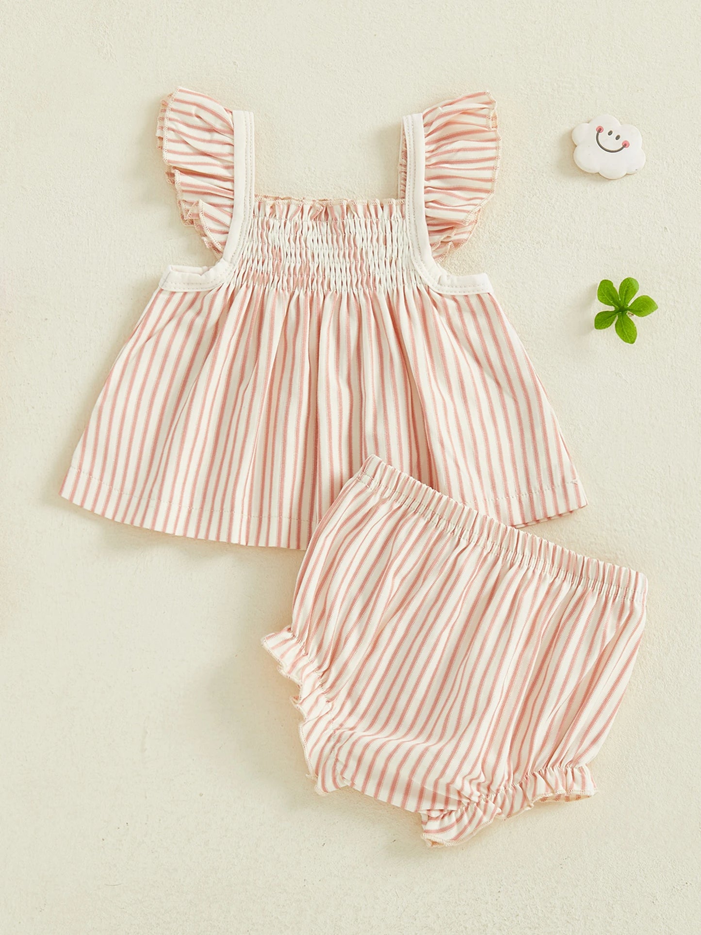 Baby Girls Striped Summer Outfit Set - Flying Sleeve Top & Shorts (0-24M)