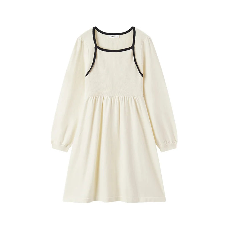 Women's Color Block Knit Dress - Square Neck French Style Slim Fit Winter 2025