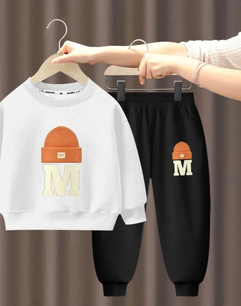 Children's Plush Letter Sweater Long sleeved Pants Two Piece Set