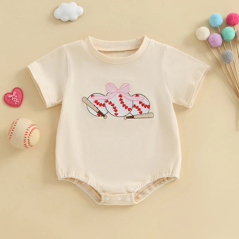 Baby Girls Boys Summer Romper Short Sleeve Round Neck Bow Baseball Embroidery Bodysuit Jumpsuit Babygrow