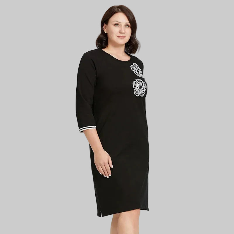 Women's Oversized Floral Embroidery A-Line Midi Dress – Long Sleeve