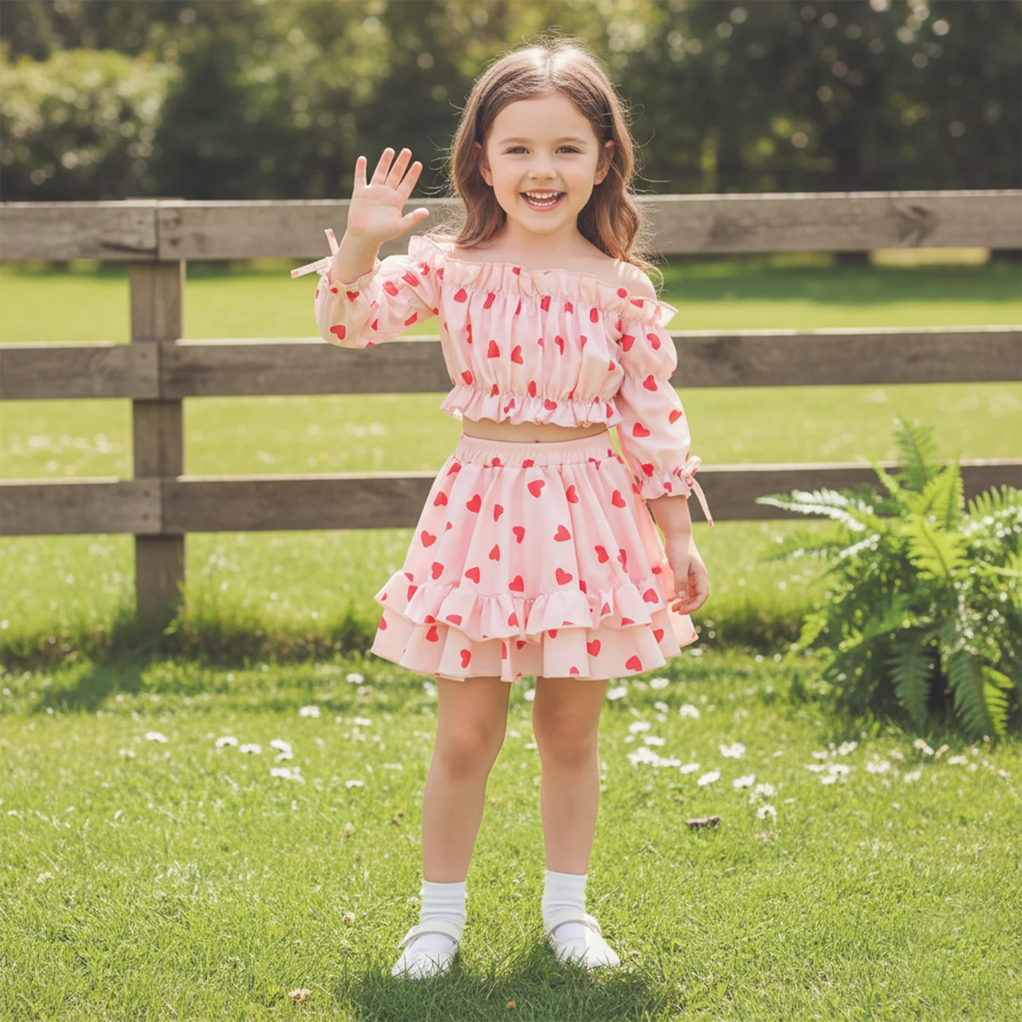 Valentine's Day Girls Outfit Set - Heart Print Off Shoulder Top & A-Line Skirt