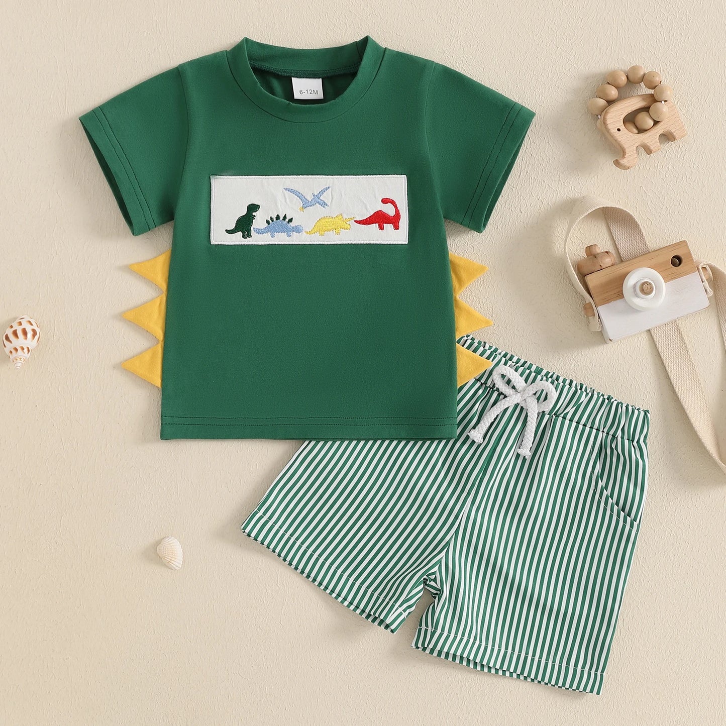 Baby Boys' Casual Outfit Set - Animal Embroidery Short Sleeve T-Shirt & Striped Shorts 2pcs