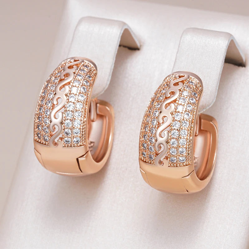 Women's Hollow Pattern  Natural Zircon  585 Rose Gold Color Hoop Earrings