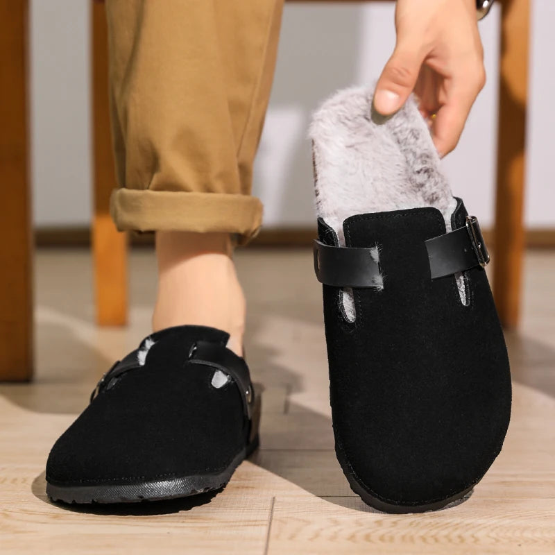 Winter Plush Slippers - Men's Warm Closed Toe Buckle Design Clogs