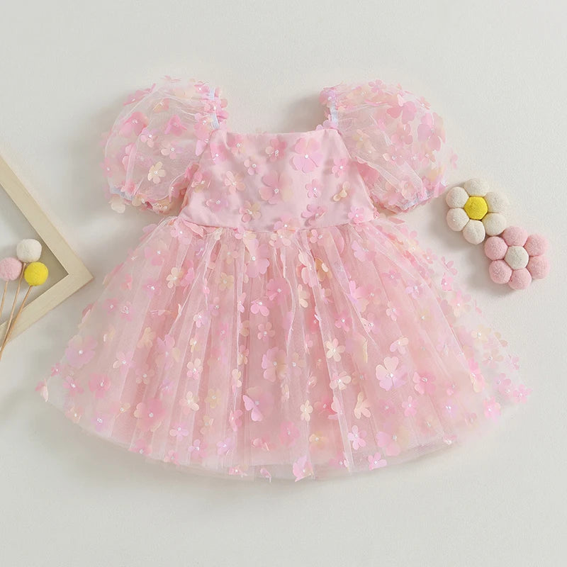 1-6Y Toddler Kids Girls Sweet Dress  Short Puff Sleeve Flowers Decor Back Bowknot Mesh Lace Tutu Dress