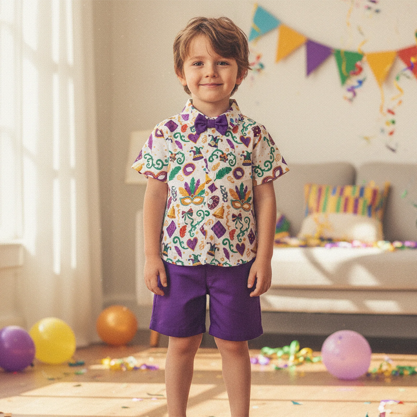 Toddler Boys Gentleman Outfit Set - Cartoon Print Collared Shirt with Bowtie & Shorts 1-6Y