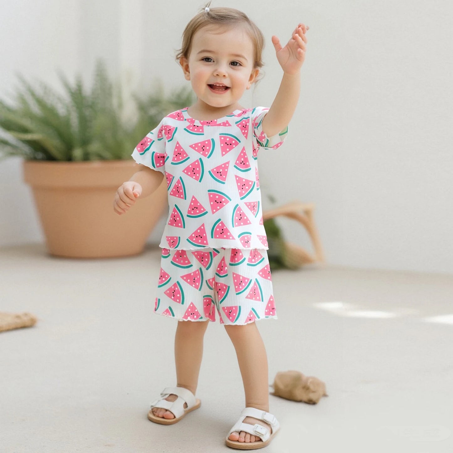 0-4Y Kids Girls Summer Clothes Sets Short Sleeve Watermelon Print T Shirts and Shorts Set