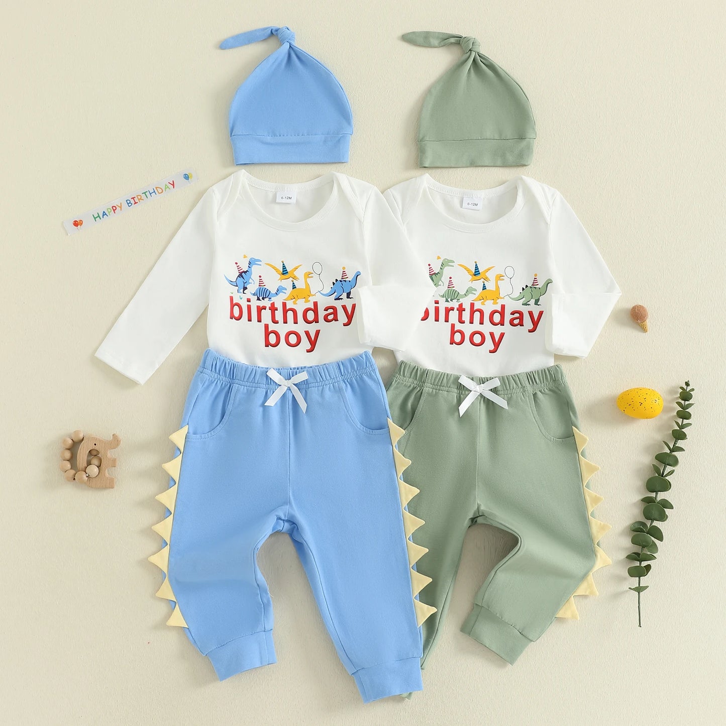 Baby Boys Dinosaur Outfit Set - 3-Piece Long Sleeve Romper, Pants & Hat (0-24M)