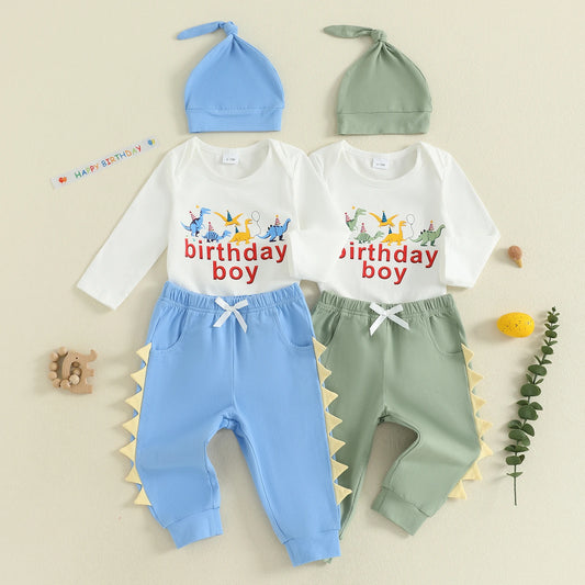 Baby Boys Dinosaur Outfit Set - 3-Piece Long Sleeve Romper, Pants & Hat (0-24M)