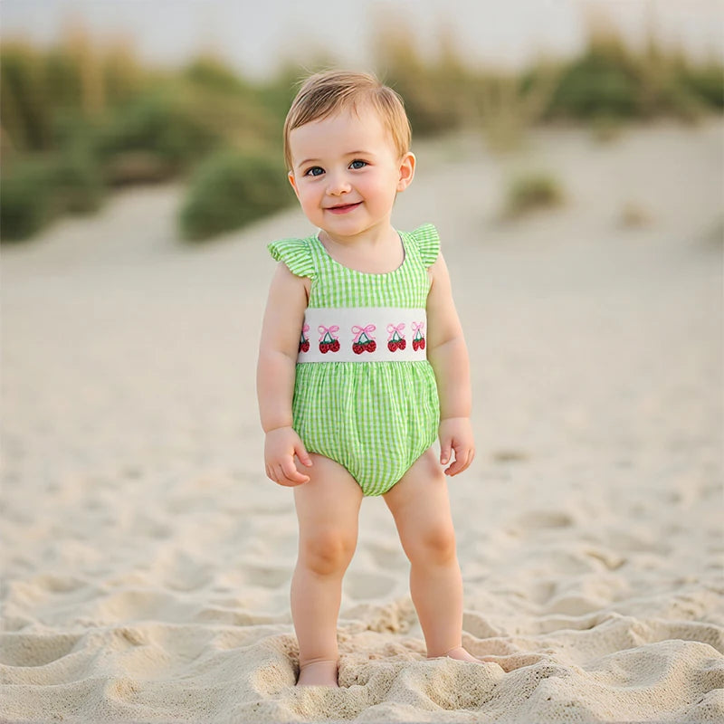 Baby Fruit Embroidery Romper - Ruffles Fly Sleeves Plaid Print Jumpsuit (0-18M)