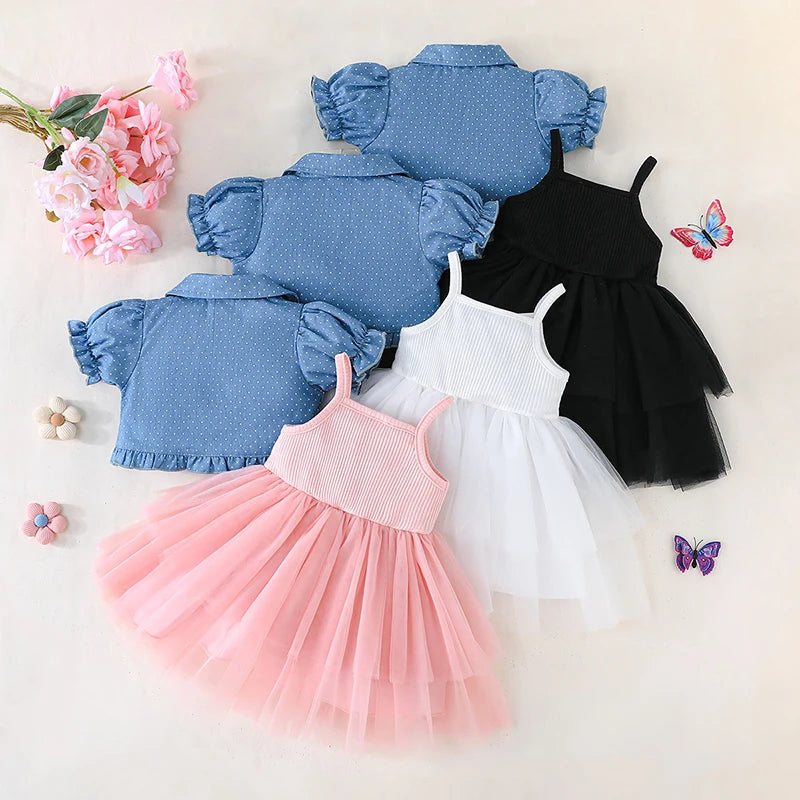 0-4Y Toddler Little Girls Summer Clothes Sets Butterfly Print Short Puff Sleeve Cardigan Tulle Strap Bow A Line Dress