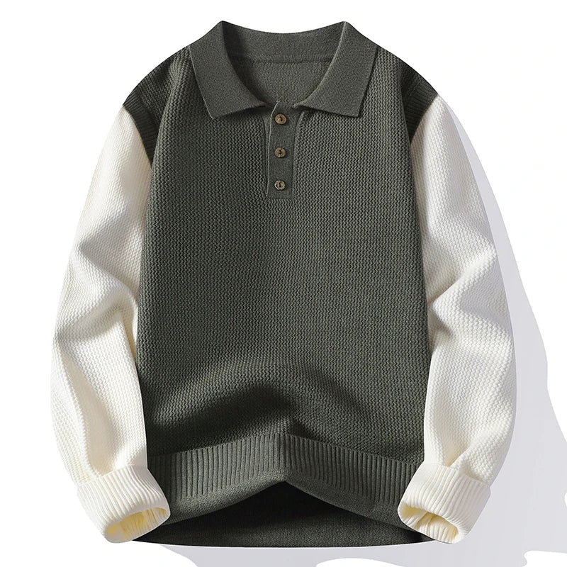 Men's Turn-Down Collar Knitted Pullover - Patchwork Long Sleeve Casual Sweater