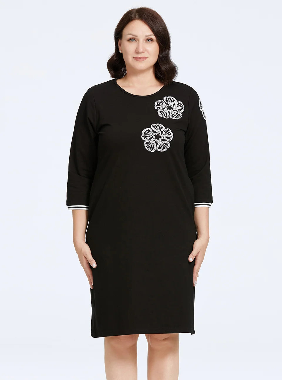 Women's Oversized Floral Embroidery A-Line Midi Dress – Long Sleeve