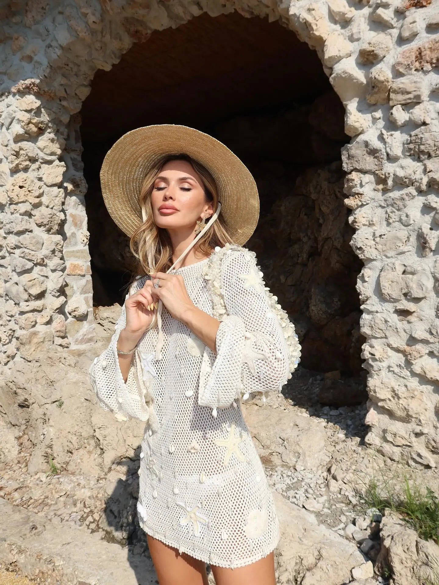 Women's Long Sleeve Backless Mini Dress - Pearl & 3D Knit Flower Details