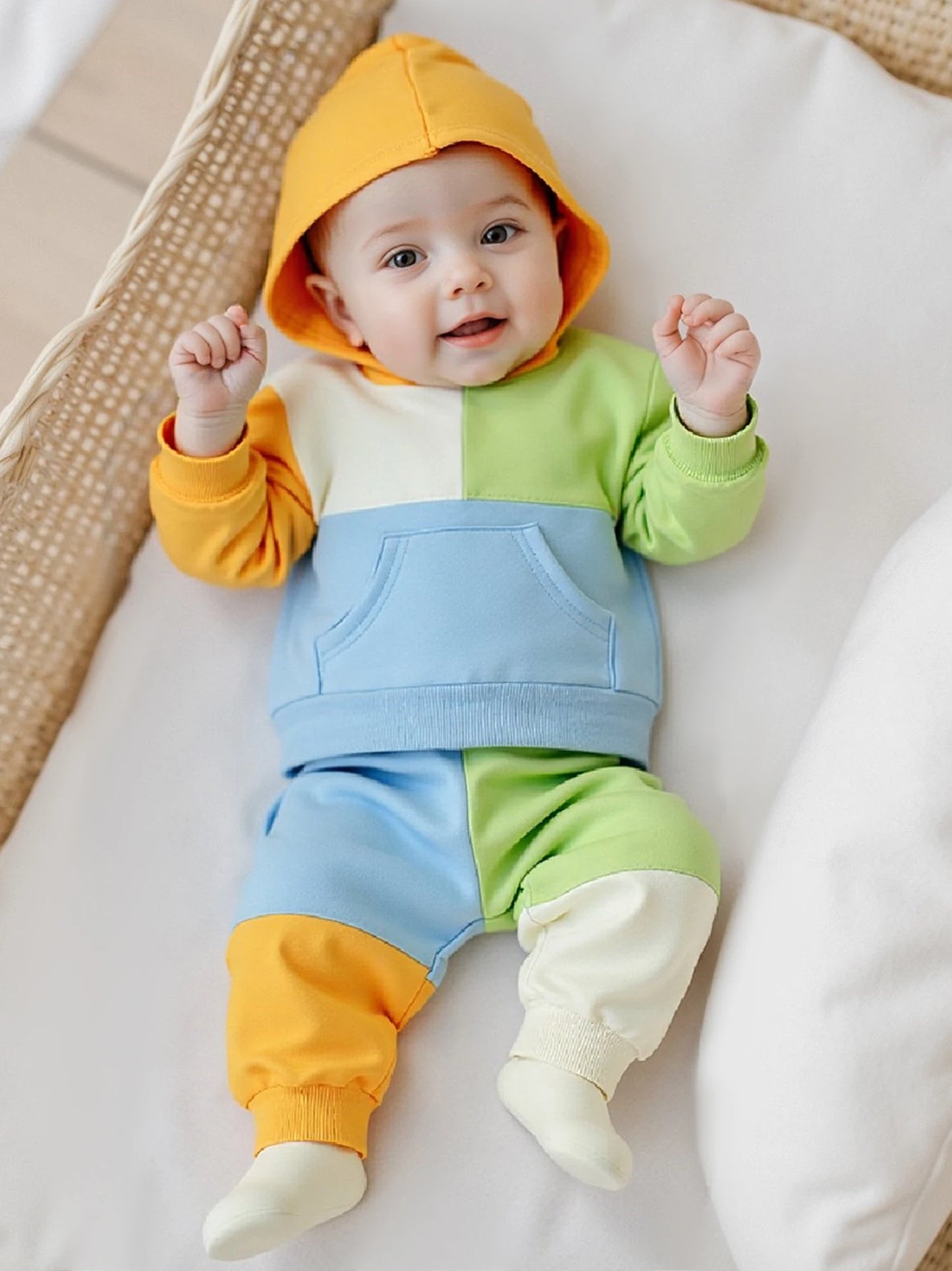 Kids Patchwork Hoodie and Pants Set - Casual Long Sleeve 2-Piece Outfit for Autumn Winter
