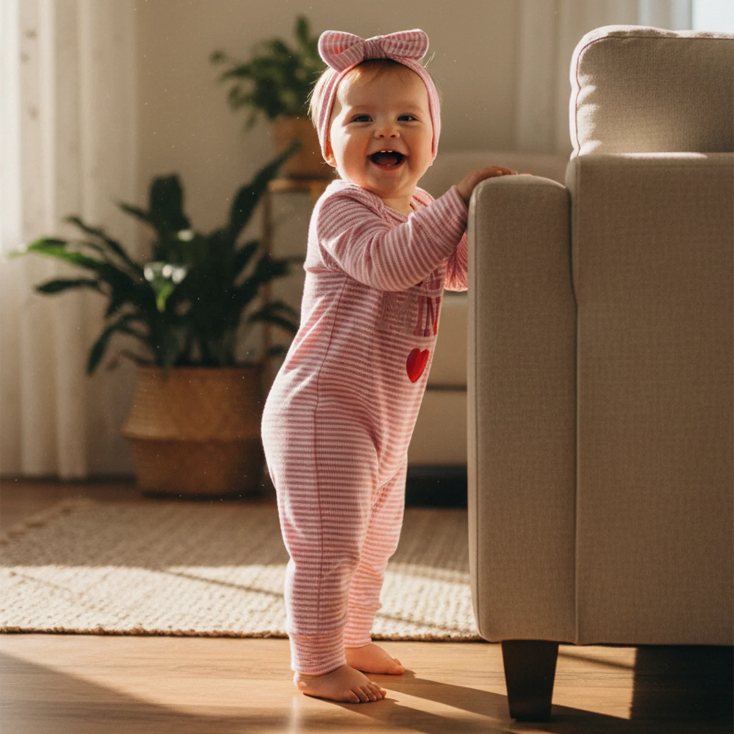 Newborn Baby Romper with Headband - Love Heart Embroidery Stripe Design