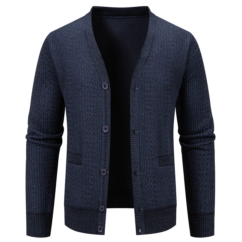 V-Neck Fleece Cardigan - Single Breasted Knitted Jacket