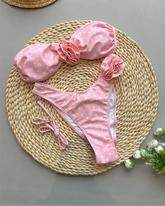 3D Flower Bandeau Dot Bikini Set