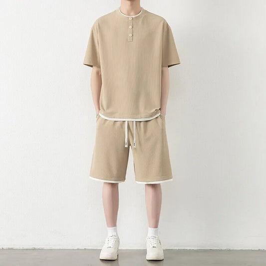 Men's Summer  Sports Sets Short Sleeve Round-Neck T-Shirt Elastic Waist Short Set