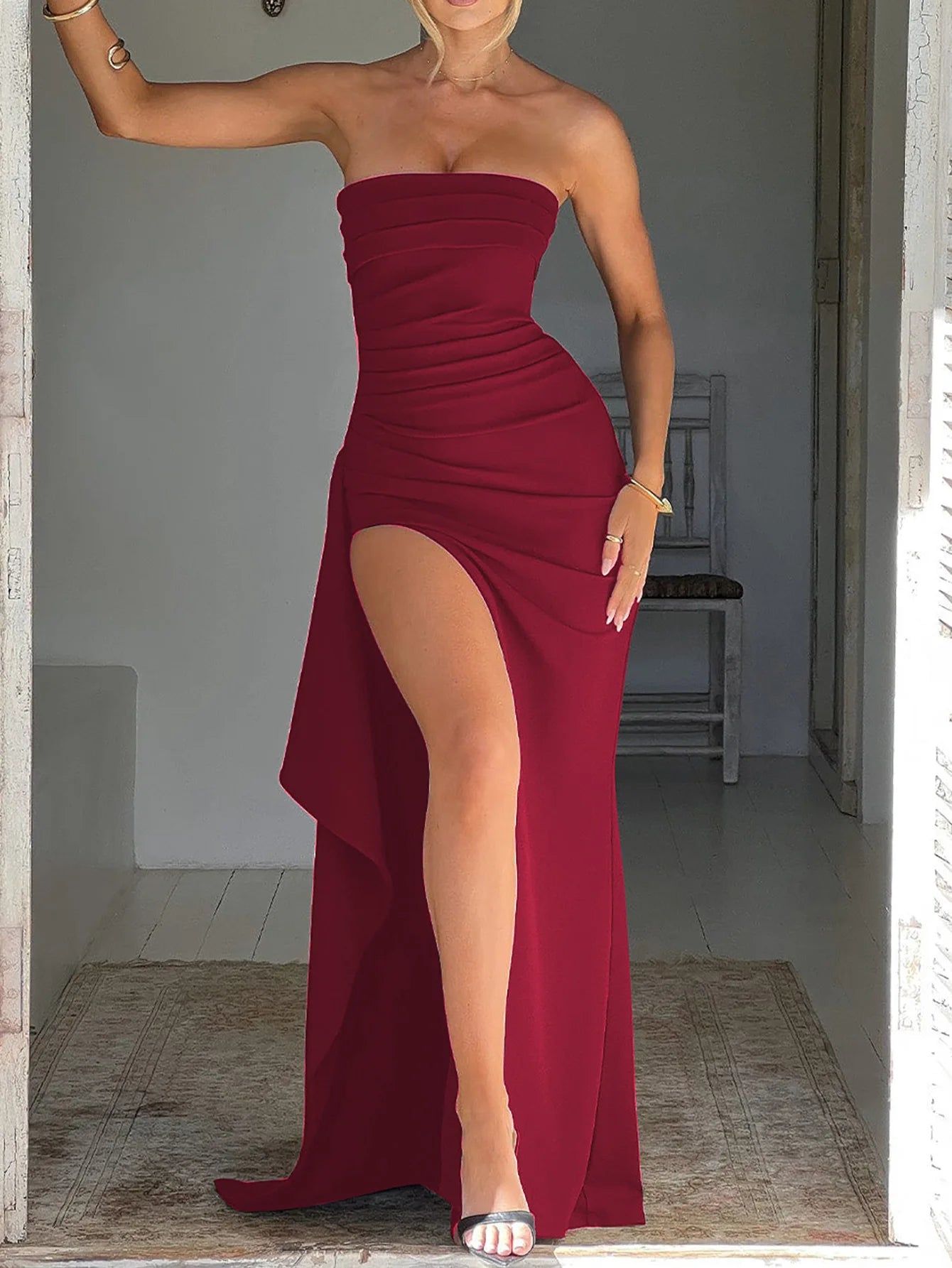 Off Shoulder Elegant High Rise Split Maxi Dress - Women Strapless Evening Dress Ruched Gown