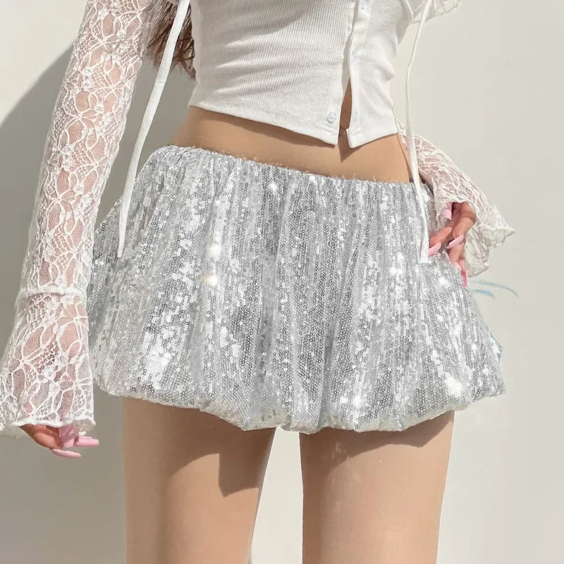 Women's Sequins Folds Low Waist Mini Skirt