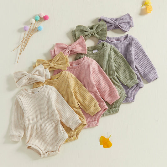 Baby Unisex Solid Knit Long Sleeve Romper with Headband | 5 Colours | 3M–18M
